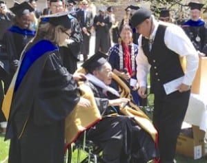 Gerald One Feather at CU Boulder where he is honored with an eagle feather and blanket. Photo by Jane Westberg
